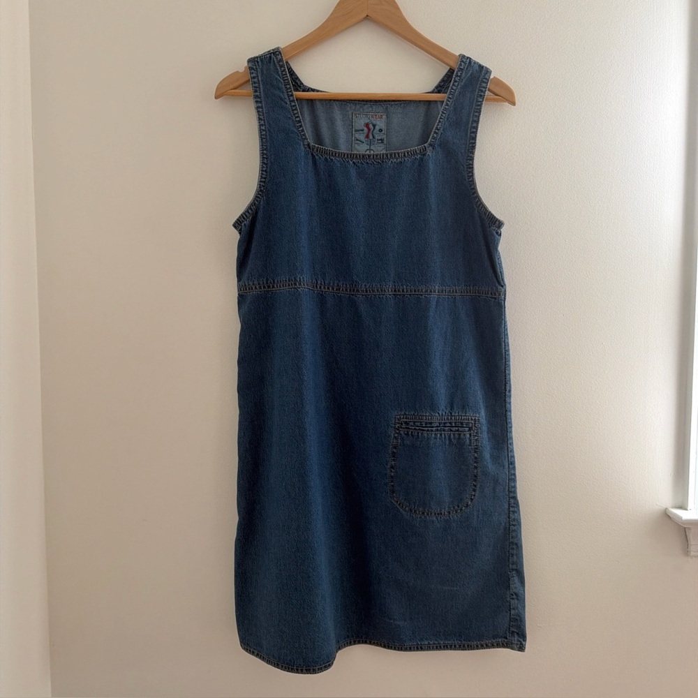 Vintage Denim Dress Jumper Tank  Small Loose Cotton 1990s Pocket